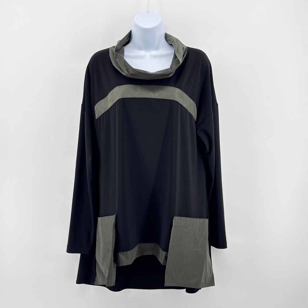 Joseph Ribkoff Black Olive Cowl Neck Colorblock Tunic‎ Top Pockets Plus Size 14